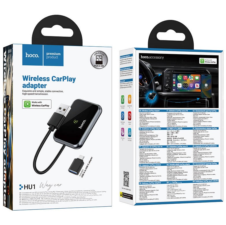 آداپتور بیسیم CarPlay مدل HOCO HU1 – اتصال USB/USB-C با قابلیت Plug & Play برای آیفون